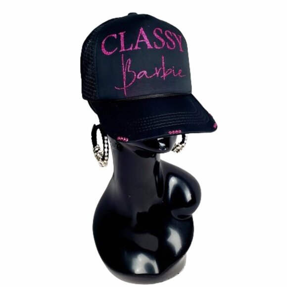 Classy Barbie Black Fitted Adj.Cap with Mesh Backing & Shiny Ltrg & Swk Crystals - Picture 2 of 6
